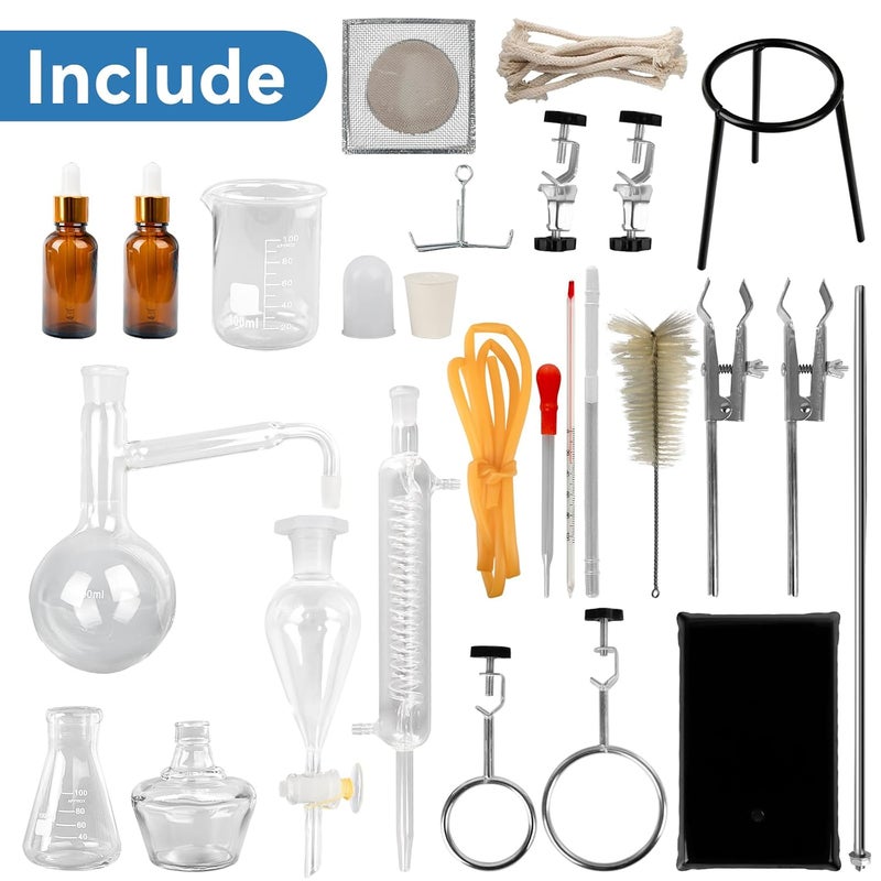 Xeoca Essential Oil Distillation Kit - 500ml Distillation Apparatus Water Distiller 3.3 Boro Lab Glassware Distillation Kit with 24/40 Joint, 31pcs Set - Image 5